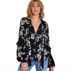 Billabong Birds Eye Boho Tie Neck Button Front Floral Print Full Sleeve Blouse M